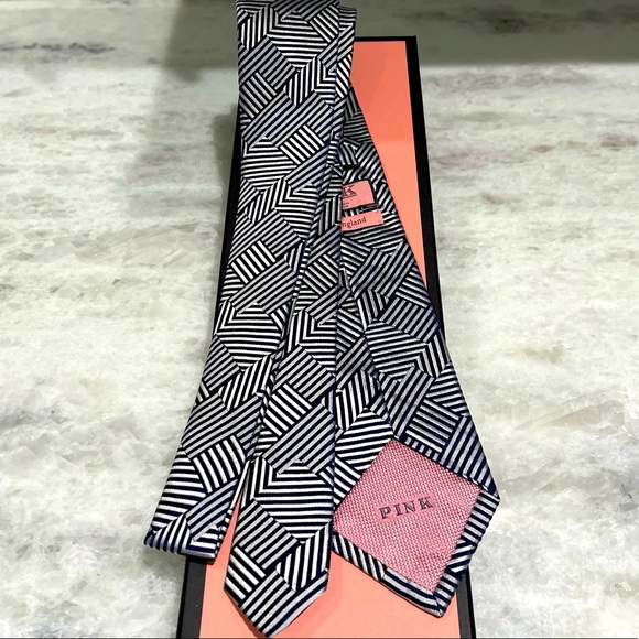 🔥ART DECO🔥✨💯AUTH LVMH THOMAS PINK STRIKING NAVY STACK GEOMETRIC MOTIF TIE - Picture 7 of 16